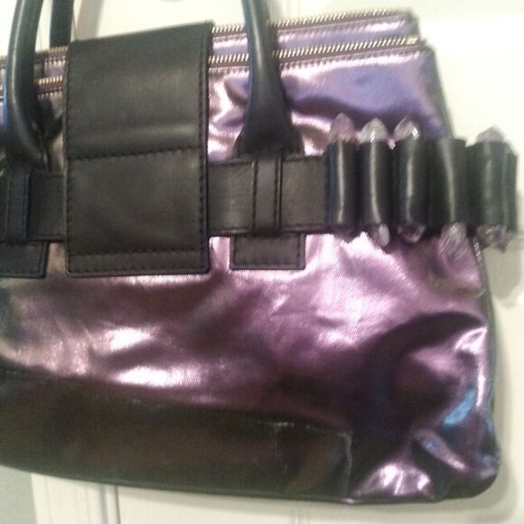 Ports 1961 Purple Metallic Leather Messenger Hand Bag Purse w/ Stone Accent - Picture 6 of 15